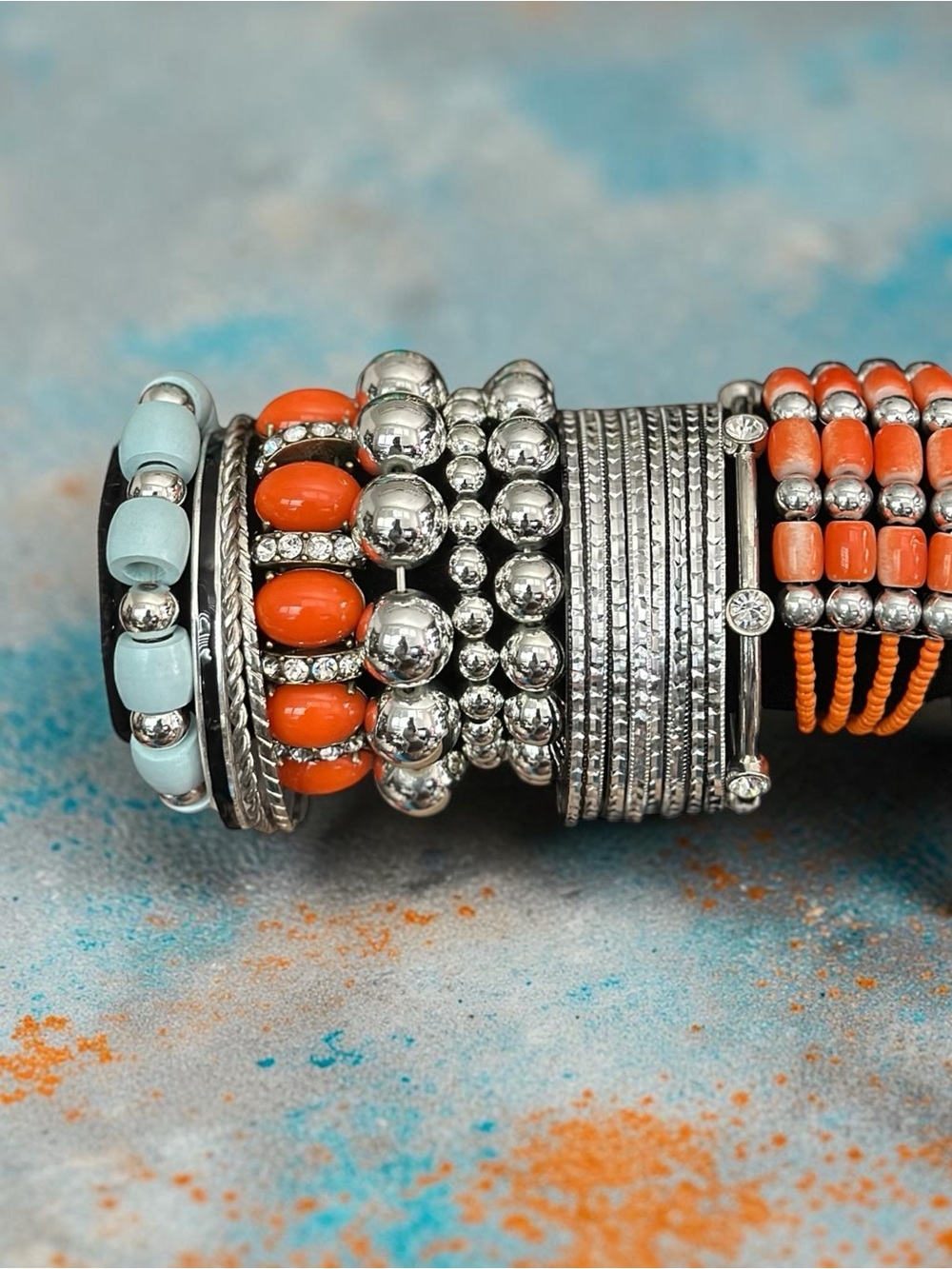 Vintage Boho Silver Orange Coral Beaded Bracelet Stack Lot Set Chunky